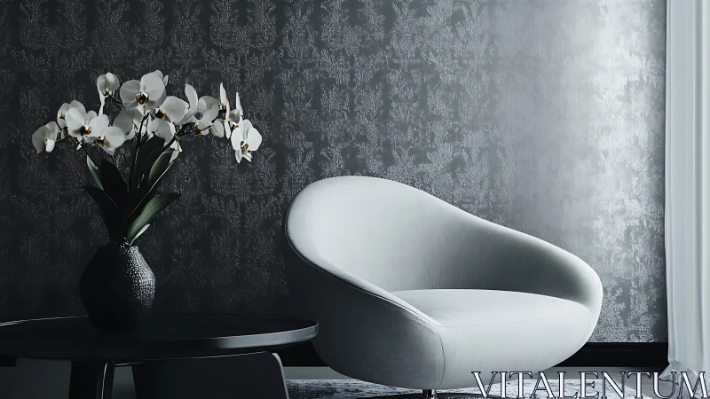 Curved white lounge chair softens a dark textured corner.