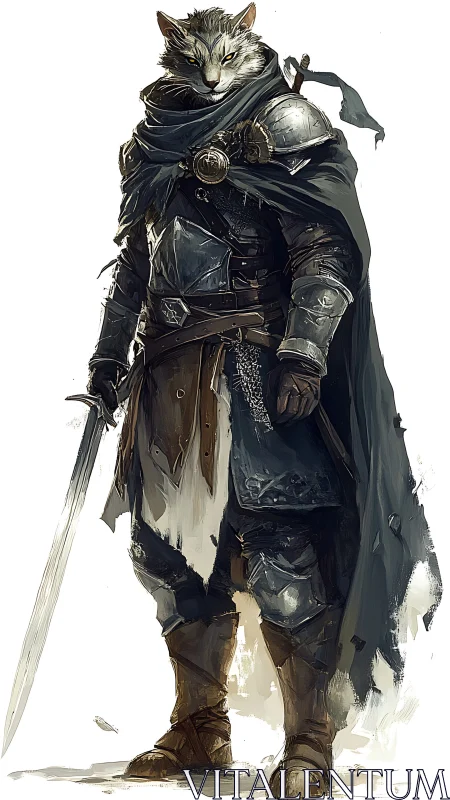 Armored feline warrior stands in full gear holding sword