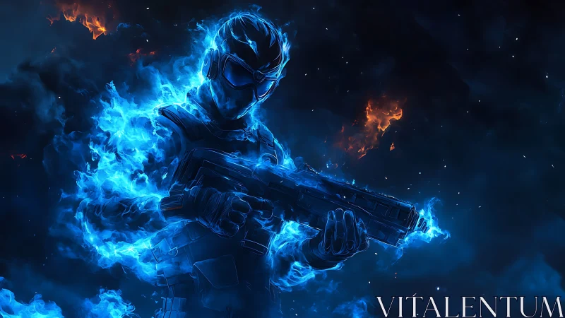 Blue energy soldier holding rifle in dark fiery void.