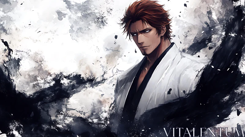 Anime swordsman in white robe amid swirling dark smoke.