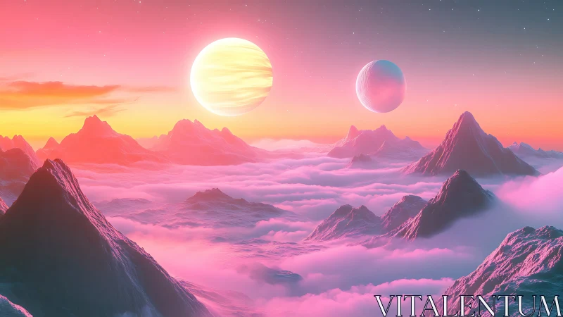 Dual moons above foggy neon mountainscape at dawn.