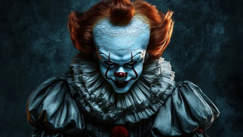 Sinister carnival jester stares through cracked porcelain mask.