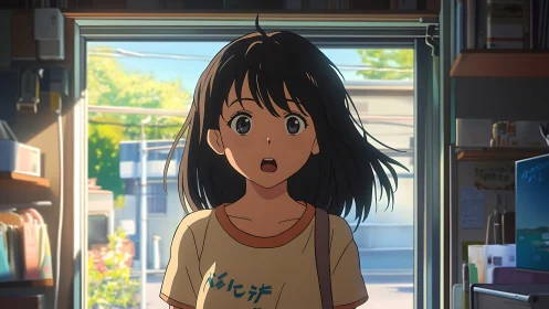 Surprised girl pauses in a sunlit doorway of a cozy room