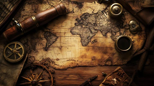 Vintage world map with explorer tools on wooden desk.