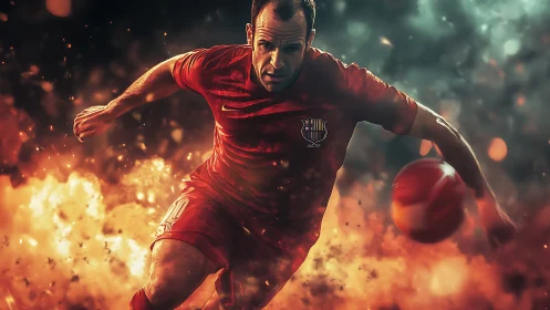 Digital render shows soccer player sprinting through sparks