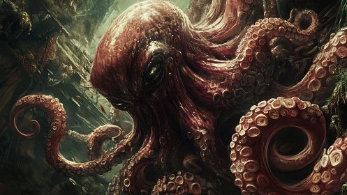 Stormlit abyss crowns a brooding cosmic octopus king