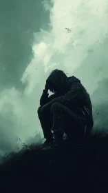 Quiet hooded figure resting beneath a storm-soft sky.