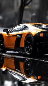 Orange supercar reflected in rain-soaked urban street scene.