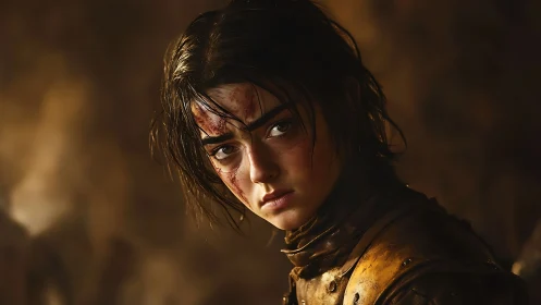 Battle-worn young warrior stares forward in dim light