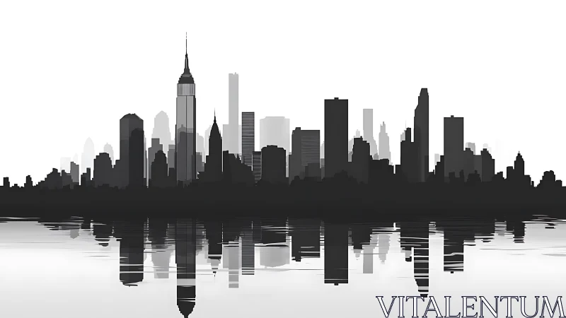 Monochrome urban skyline silhouette with mirrored water reflection