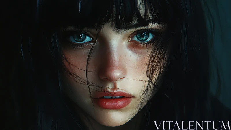 Storm-lit portrait of intense teal-eyed woman in shadowed frame.