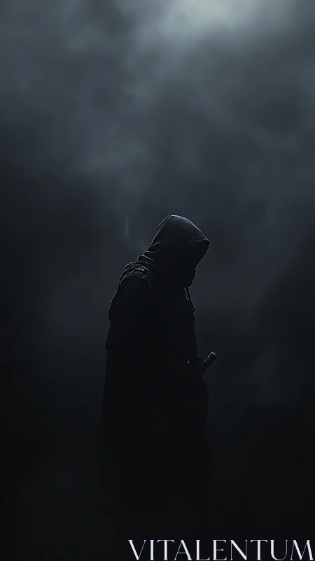 Shadowed wanderer pausing beneath a quiet storm of fog.