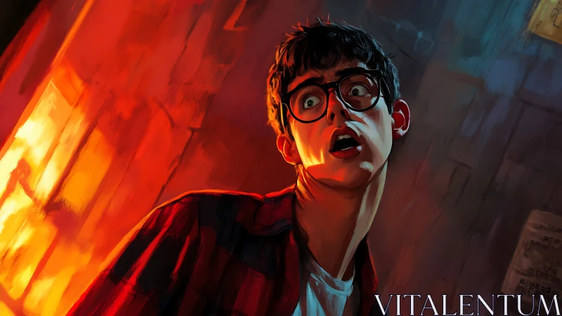 Cinematic close-up of shocked youth under harsh bicolor lighting