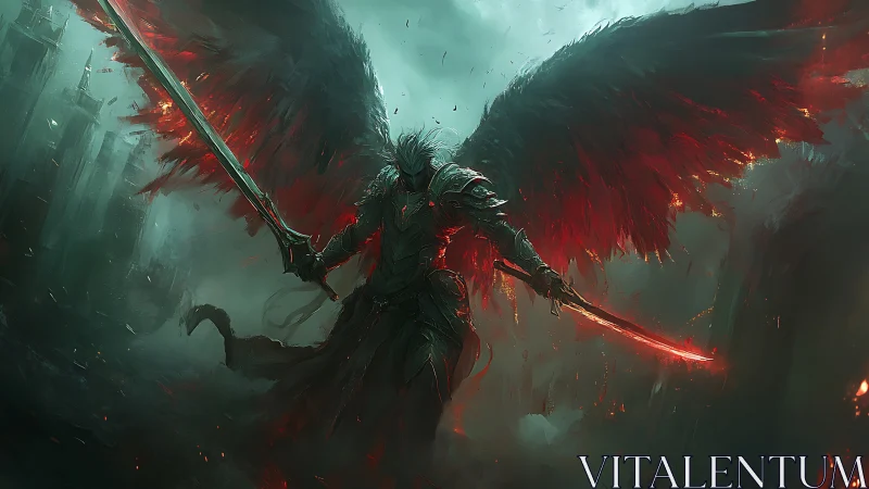 Dark seraph warrior in apocalyptic dual-blade composition.