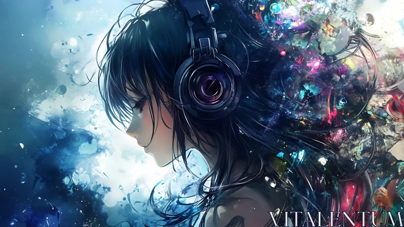 Side-profile anime listener immersed in abstract chromatic audio field