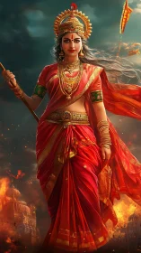Mythic warrior goddess in hyperreal flame-lit digital regalia.