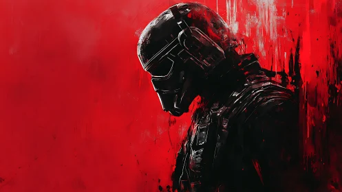 Solitary sci fi soldier resting in a storm of red light.