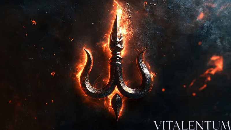 Fiery metallic trident symbol glows against dark background