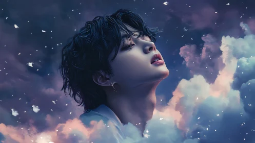 Celestial portrait of youthful figure in ethereal clouds.