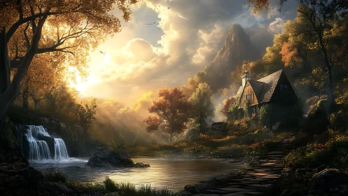 Volumetric autumn light over riverside cottage and cascade.