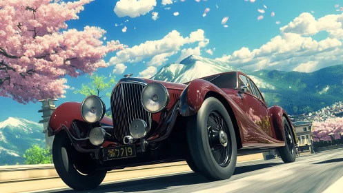 Crimson vintage roadster gliding under sakura skies in spring.