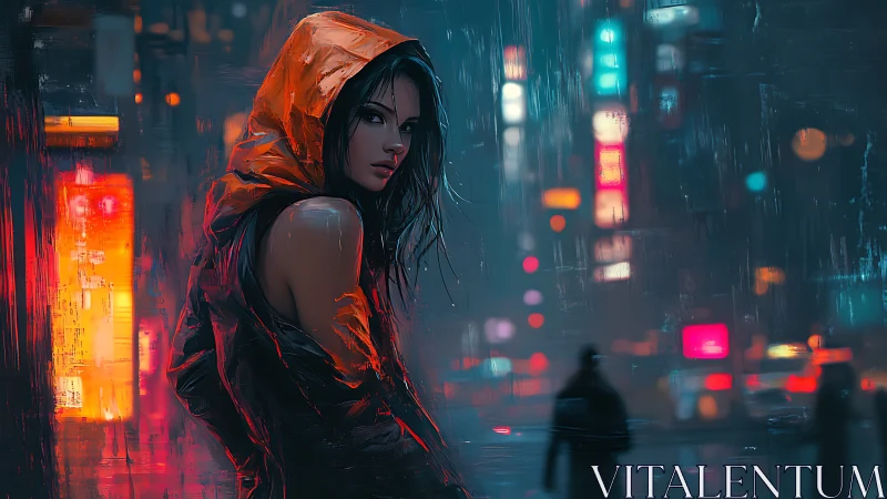 Neon rain drapes a hooded stranger in electric city glow.