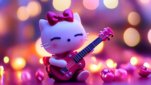 Cute white cat figurine plays red guitar in neon bokeh scene.