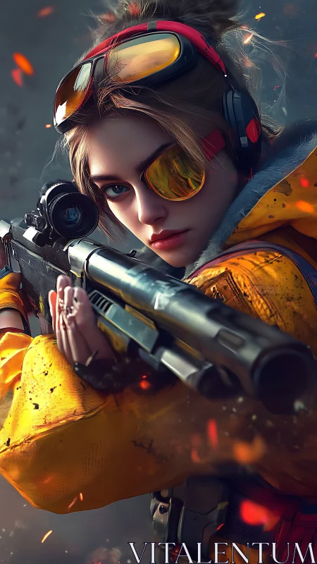 Tactical operator with amber goggles stands ready in fiery chaos