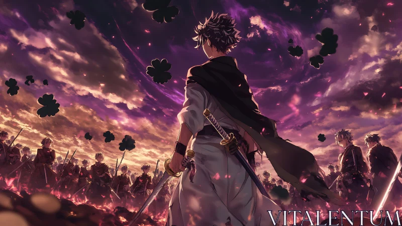 Swordsman leader facing gathered warriors at dusk sky.