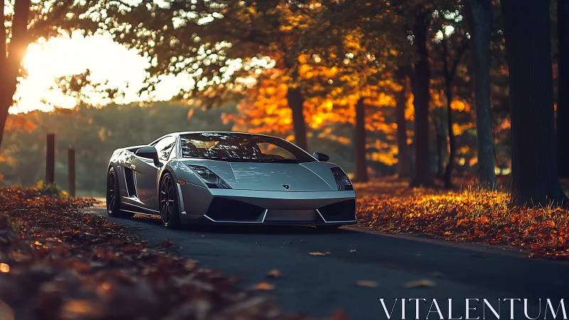 Silver supercar glides through a sunlit autumn forest lane