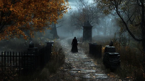 Digital painting of cloaked figure on misty autumn path.