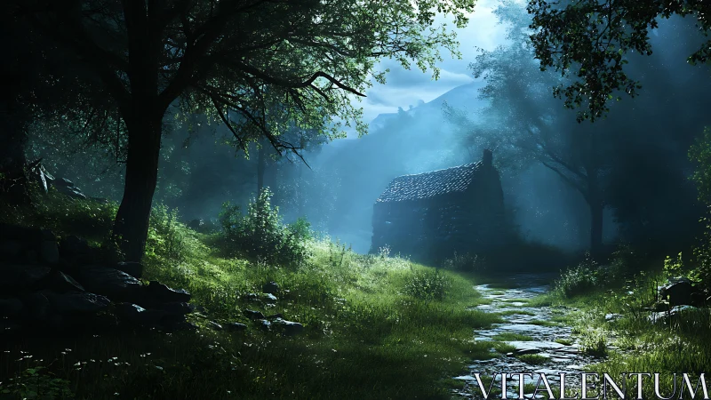 Stone cabin in misty forest clearing at early morning light.