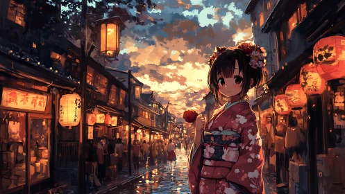 Kimono-clad girl stands in lantern-lit festival street at dusk