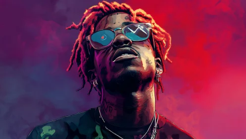 Neon-lit hip-hop portrait with reflective glasses and clouds.