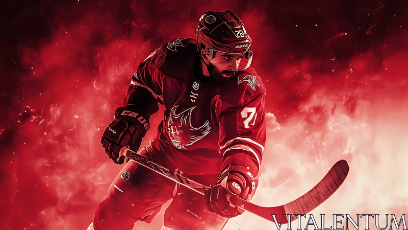 Dynamic hockey player powers through red smoky arena.