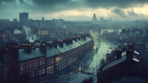 Moody rain-soaked city terrace under heavy storm clouds.
