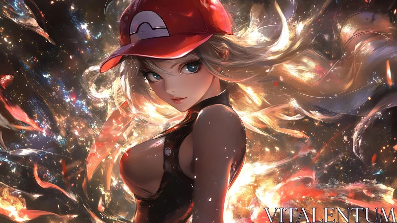 Dynamic anime heroine in cap emerges from luminous vortex