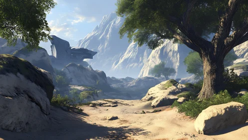 Sunlit alien canyon with monumental rocky outcrop and trees.