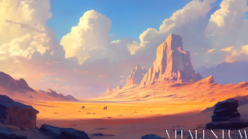 Sunlit desert buttes under towering pastel clouds.