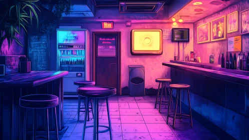 Neon-soaked retro bar interior glows with cyberpunk light.