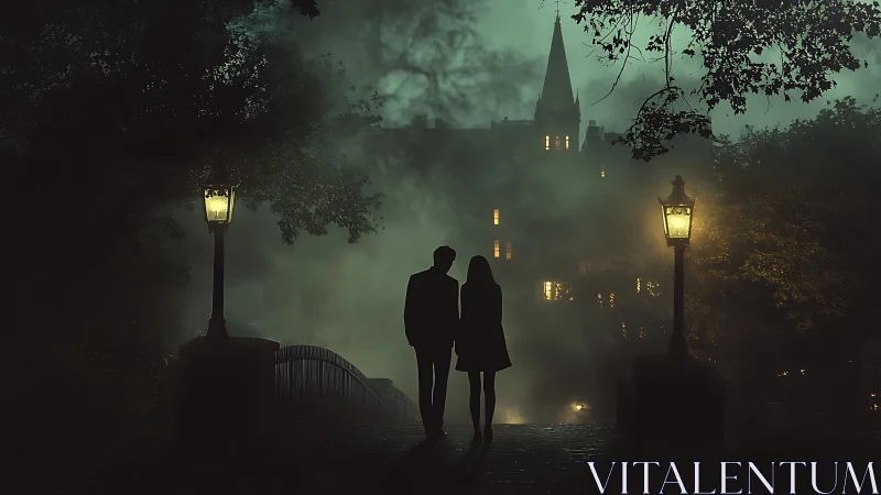 Silhouetted couple on misty bridge before gothic manor.