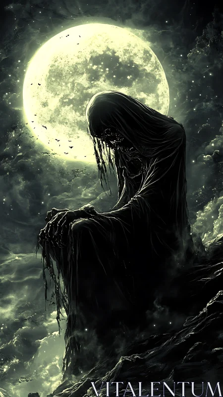 Digital painting of cloaked wraith silhoutted against full moon.