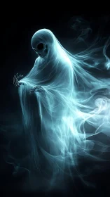 Luminous spectral wraith drifts through deep black void