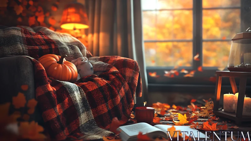 Cozy autumn living room with blanket, pumpkin, and candles.
