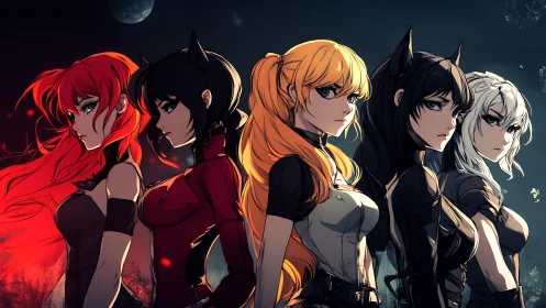 Fierce anime heroines standing united in moonlit night.