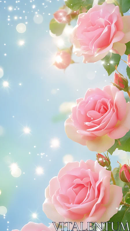 Luminescent Garden: Pink Roses Blooming Beneath Starlit Sky.