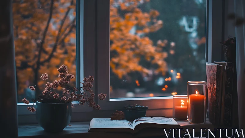 Cozy candlelit window nook with journal and autumn glow.