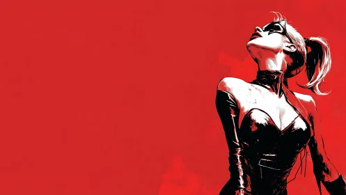 Masked woman in black suit looks upward on red backdrop