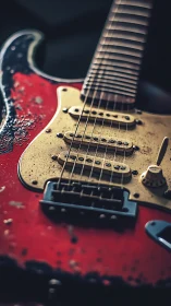 Worn red electric guitar body and pickups shown in close focus
