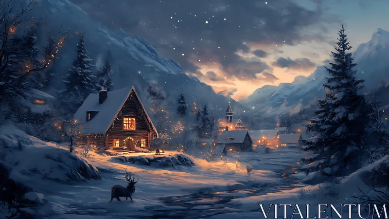 Snowy mountain village with illuminated cabins at dusk